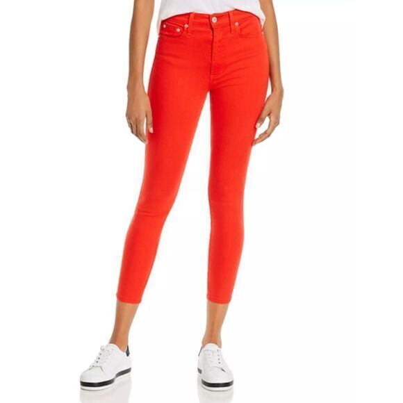 NEW Alice + Olivia Mid-Rise Skinny Leg Jeans, Red,‎ Size 25 - Picture 1 of 5